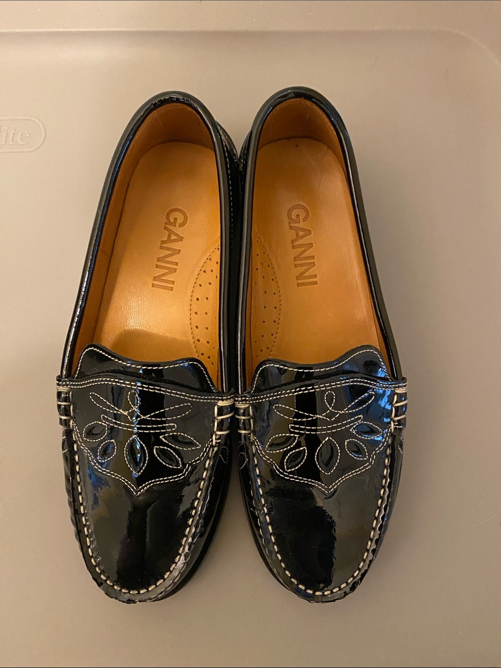 Ganni Black Patent Leather Slip-On Loafers with Decorative Stitching